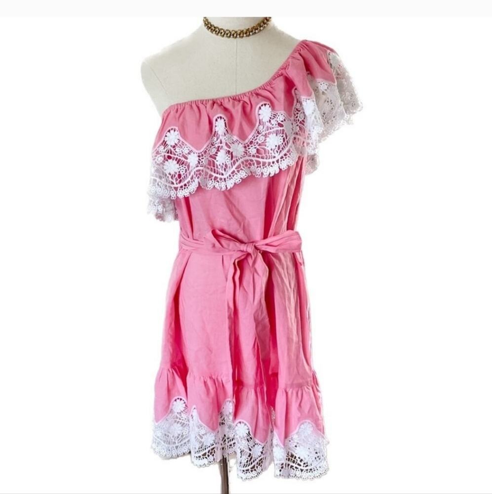Miguelina “Summer” 100% cotton one shoulder crochet lace trim dress size S small